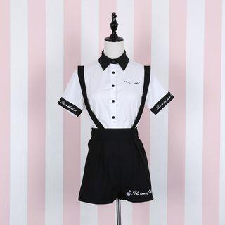 Embroidered Short-sleeve Shirt / Suspender Skirt / Suspender Shorts / Bow Tie