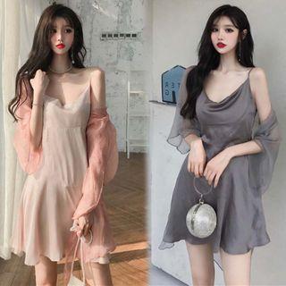 Spaghetti Strap Satin A-line Dress / Chiffon Light Jacket