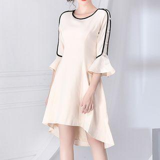 3/4-sleeve Contrast Trim Asymmetric A-line Dress