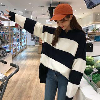 Striped Split-neck Sweater Stripes - Black & White - One Size