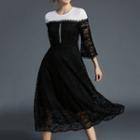 3/4-sleeve Midi A-line Lace Dress