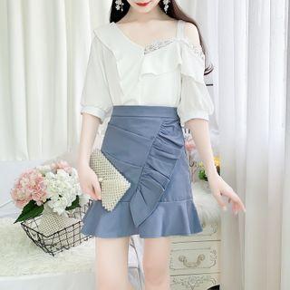 Set: Elbow-sleeve Top + Ruffle Trim A-line Skirt