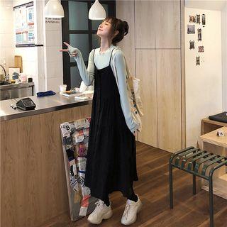 Long-sleeve T-shirt / Spaghetti Strap Midi Pinafore Dress