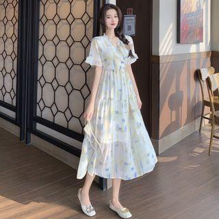 Ruffle Trim V-neck Color Block High-waist Dress