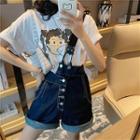 Print Loose-fit T-shirt / One-shoulder Jumper Pants