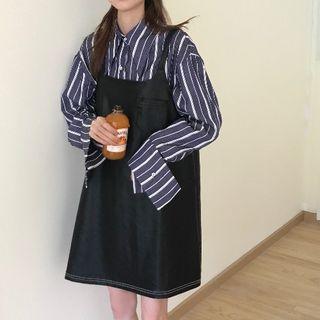 Set: Long-sleeve Striped Shirt + Faux-leather Jumper Dress