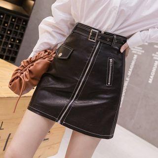 High-waist Zipped Detail Faux Leather A-line Skirt