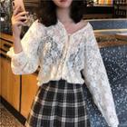 See-through Lace Long-sleeve Top / Plaid Skirt