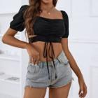 Short-sleeve Square-neck Ruched Plain Crop Top