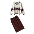 Set: Argyle V-neck Sweater + Straight-fit Skirt