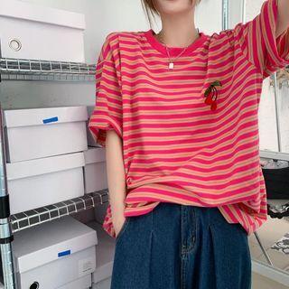 Short-sleeve Striped T-shirt Stripe - Nude Pink & Light Red - One Size