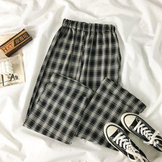 Plaid Straight Leg Pants Plaid - Blue & White - One Size