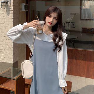 Long-sleeve Blouse / Strappy Midi A-line Dress