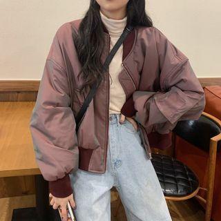 Plain Long-sleeve Baseball Jacket Red - One Size