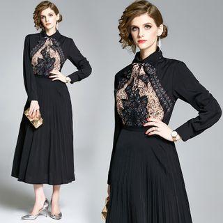 Patterned Long-sleeve Accordion Pleat Maxi A-line Dress