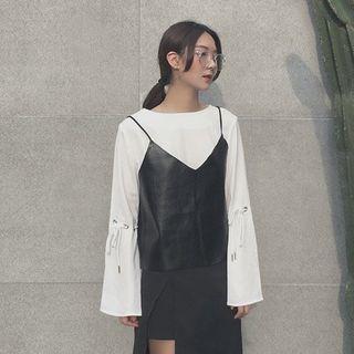 Set: Plain Long Sleeve T-shirt + Faux Leather Spaghetti Strap Dress