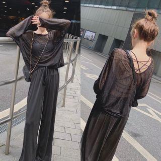 Long-sleeve Plain T-shirt / Drawstring Pants