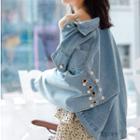 Faux Pearl Accent Ripped Buttoned Denim Jacket