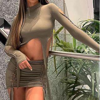 Set: Long-sleeve Mock-neck Cropped T-shirt + Mini Pencil Skirt