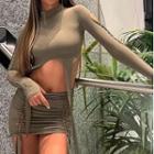 Set: Long-sleeve Mock-neck Cropped T-shirt + Mini Pencil Skirt