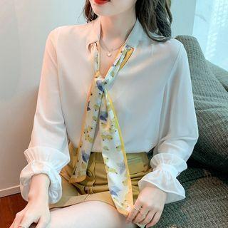 Print Panel Tie-neck Blouse