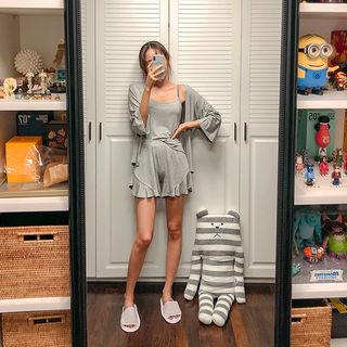 Set: Open Cardigan + Camisole Top + Ruffled Shorts + Drawcord Pouch
