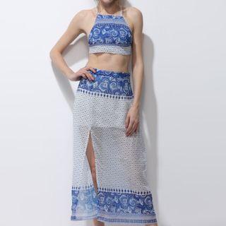 Set: Patterned Cropped Halter Top + Slit Skirt