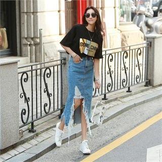 Fringed Cutout-hem Denim Skirt