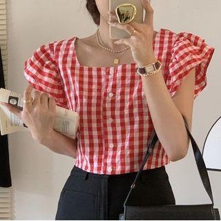 Cap-sleeve Gingham Check Top