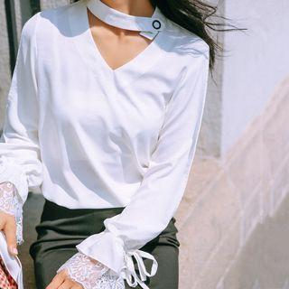 Bell-sleeve Mesh Panel Blouse