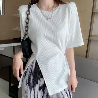 Elbow-sleeve Slit-hem Knit Top