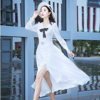 Long-sleeved Slit-front Tie-waist Bow Plain Sheath Dress