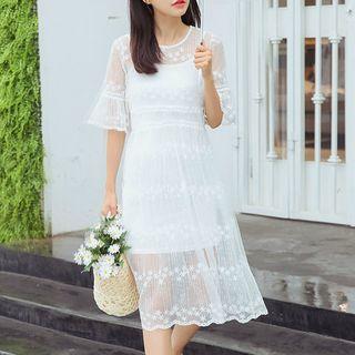 Set: Lace Short-sleeve A-line Midi Dress + Slipdress