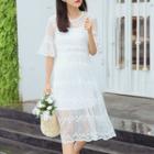 Set: Lace Short-sleeve A-line Midi Dress + Slipdress