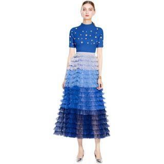 Set: Short-sleeve Faux Pearl Top + Midi A-line Layered Skirt
