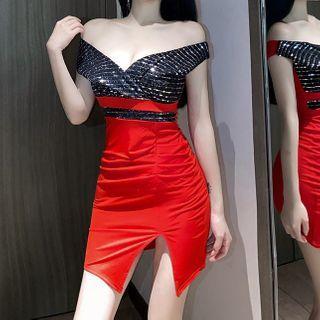 Sequined Panel Slit Mini Bodycon Dress
