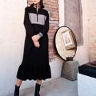 Color-block Zip-front Long-sleeve Dress Black - One Size