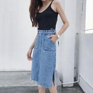 Bow-accent High-waist Denim Skirt