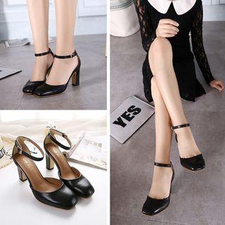 Ankle Strap Square Toe Chunky Heel Pumps