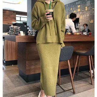 Set: Hooded Sweater + Midi H-line Knit Skirt