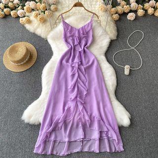 Suspender V-neck Ruffle Plain Chiffon Dress