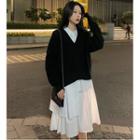 Oversize V-neck Sweater / Half-placket Long-sleeve Shirtdress