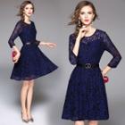 Gathered-waist 3/4-sleeve Crewneck A-line Lace Dress