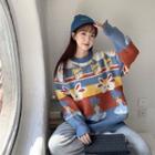 Color Block Cartoon Rabbit Print Sweater Blue & Red & Yellow - One Size