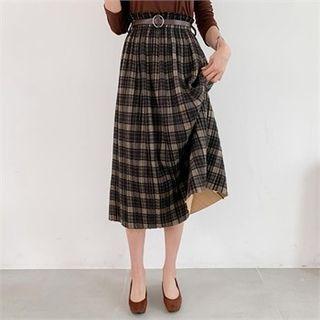 Band-waist Plaid Skirt With Belt