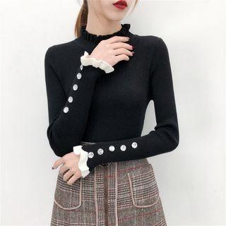 Rhinestone Sleeve Mock Neck Ribbed Knit Top