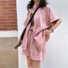 Set: Elbow-sleeve Striped Trim Printed Zip Jacket + Wide-leg Sweatshorts Jacket - Pink - One Size / Shorts - Pink - One Size