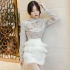Set: Long-sleeve Sequined Open Front Top + Fringed Mini Pencil Skirt
