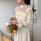 Long-sleeve Mock-neck Mesh Panel Lace Midi A-line Dress Milky White - One Size