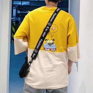 3/4-sleeve Printed Two-tone T-shirt